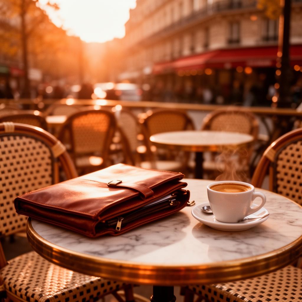 Warm Parisian café terrace at golden hour, the calm after the paperwork is done